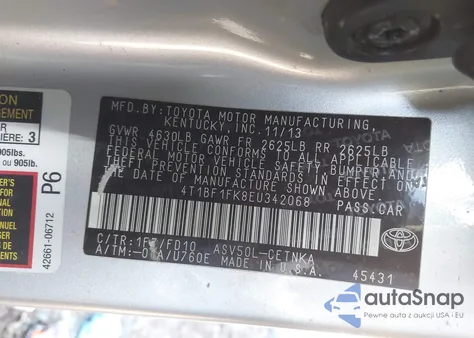 2014 Toyota Camry Le z USA, uszkodzony, nr VIN 4T1BF1FK8EU342068